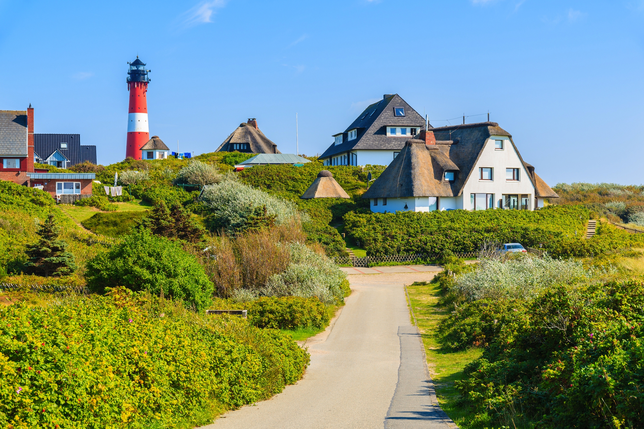 Reetdachhäuser in Hörnum auf Sylt in der Nordsee, Deutschland