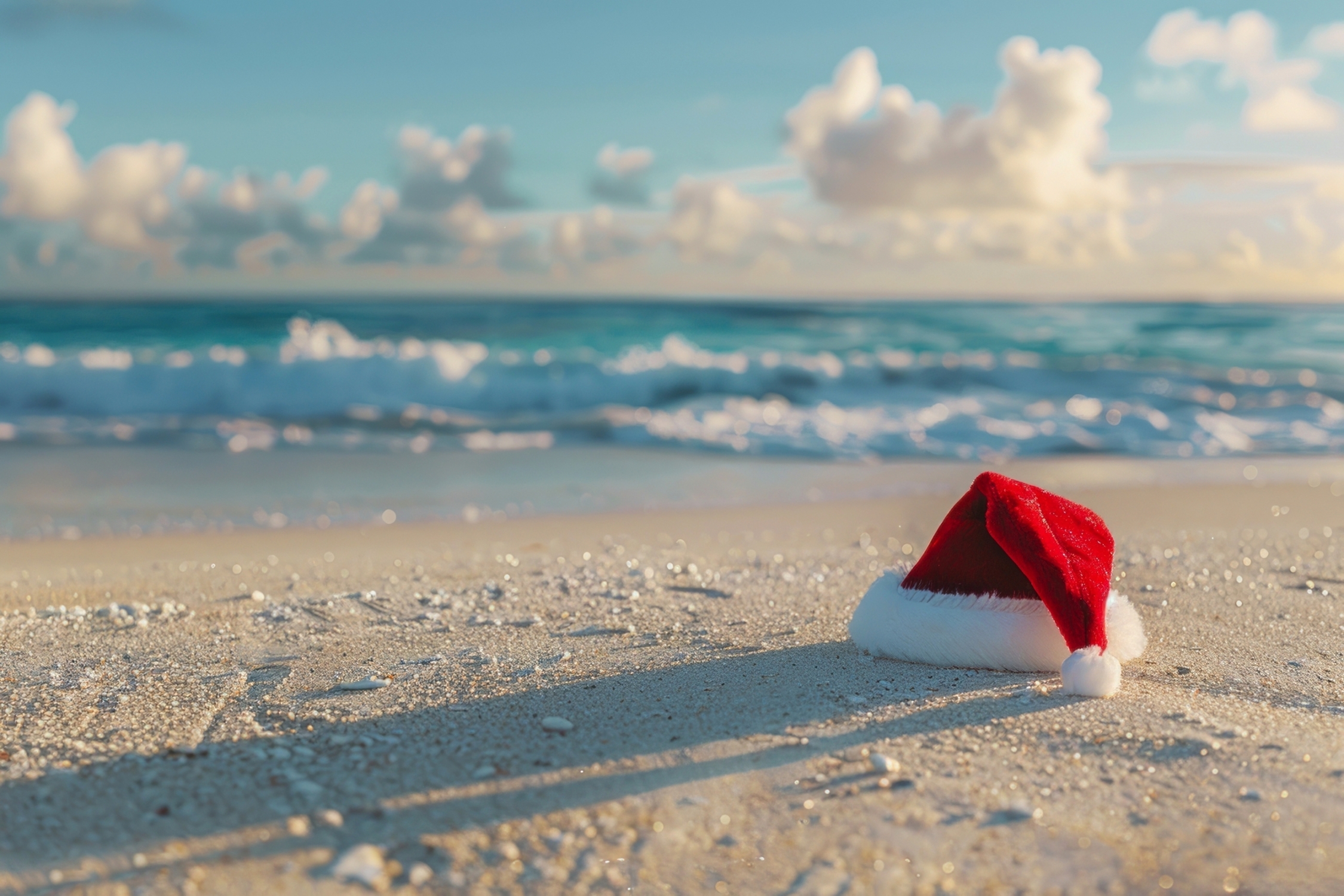 Weihnachtsmannmütze an der exotischen Küste mit Ozean oder Meer im Hintergrund